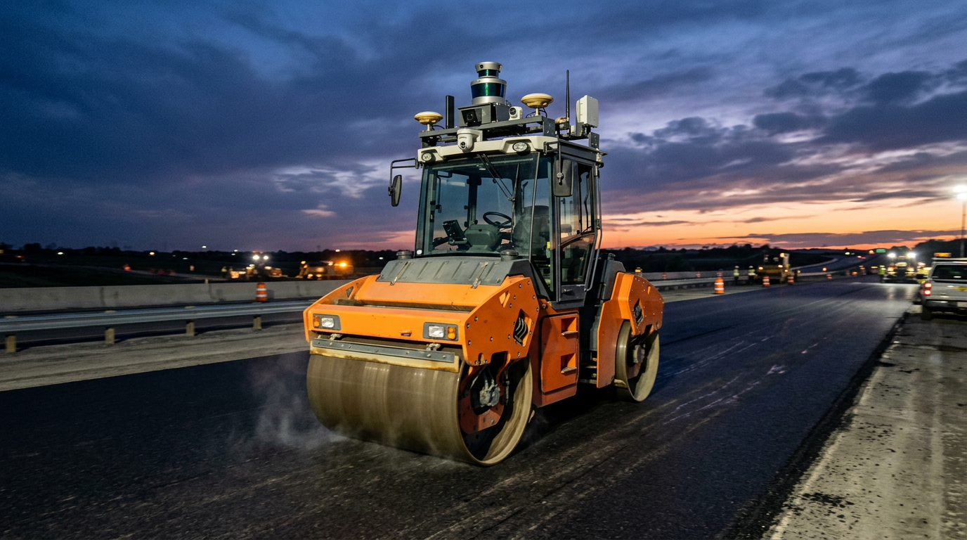 A driverless asphalt roller with roof-mounted sensors compacting fresh highway asphalt at dusk