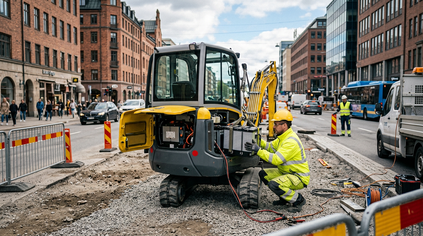A technician swapping the battery pack on an electric mini excavator