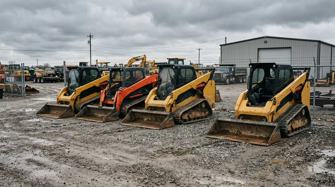 A row of compact track loaders parked in a gravel rental equipment yard