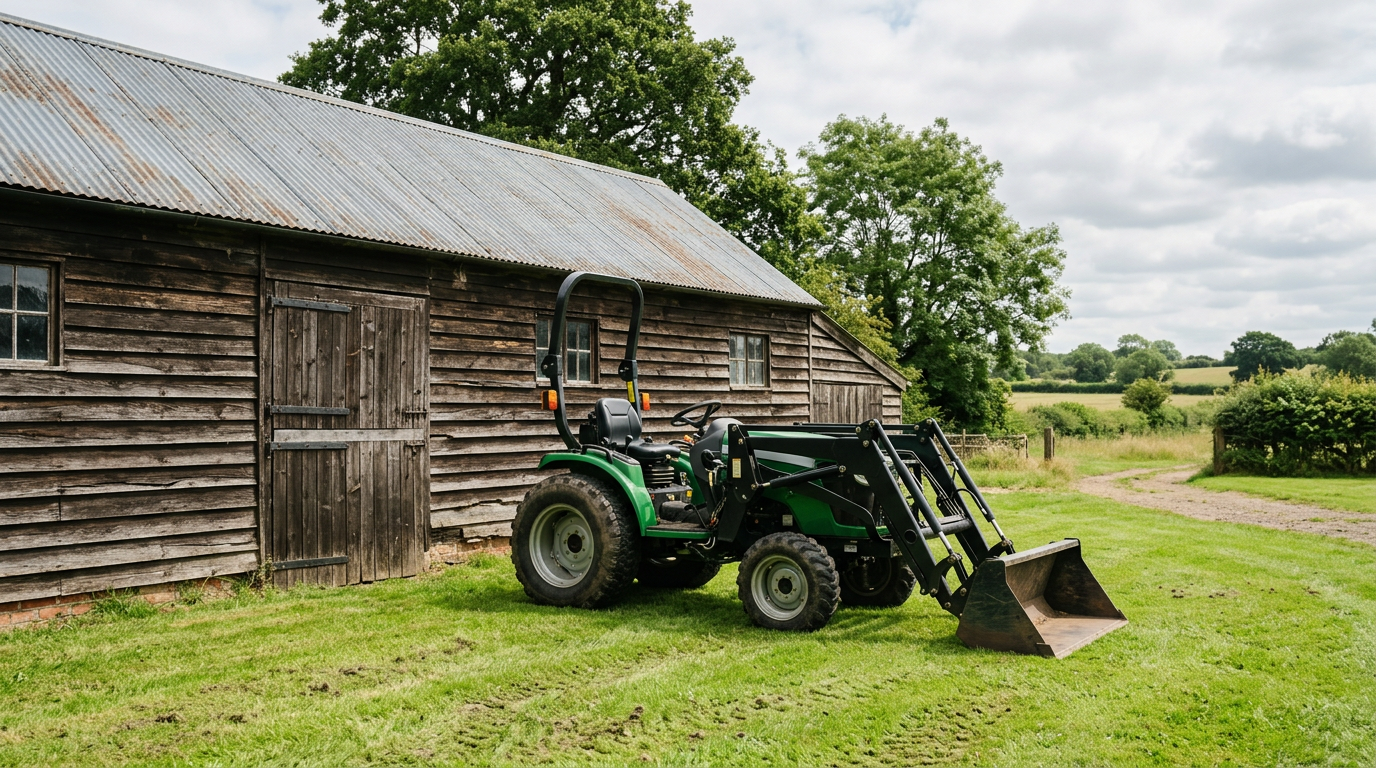 A compact utility tractor with a front loader parked beside a barn