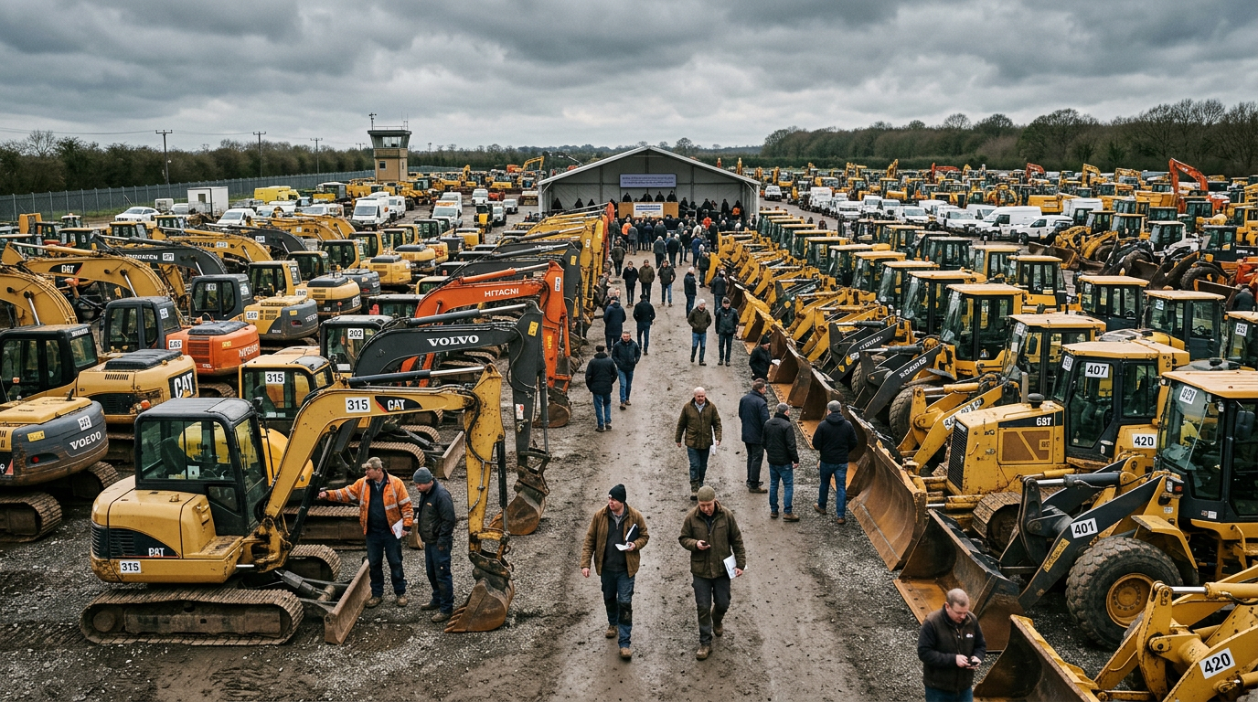 Rows of used excavators and loaders with lot numbers at an equipment auction yard