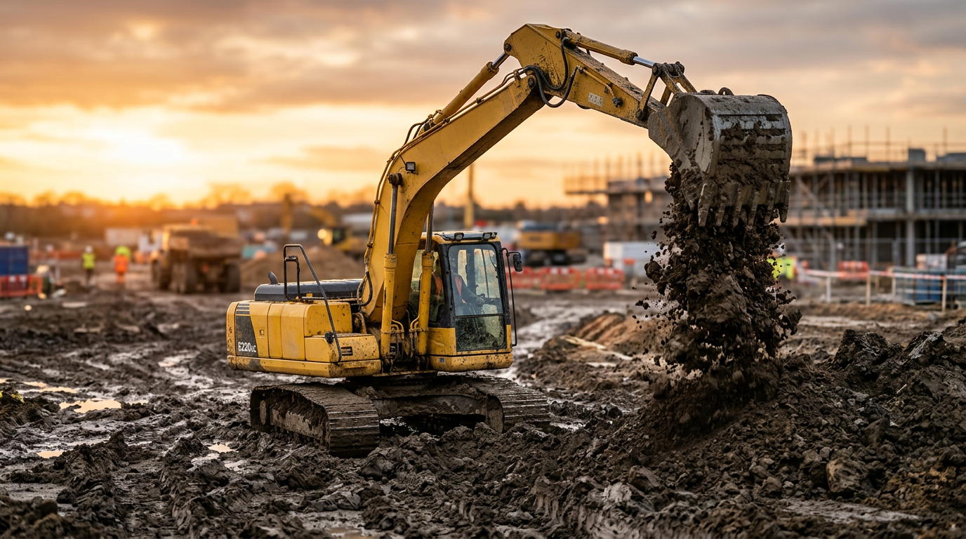 A yellow crawler excavator lifting a bucket of soil on a muddy construction site at sunset