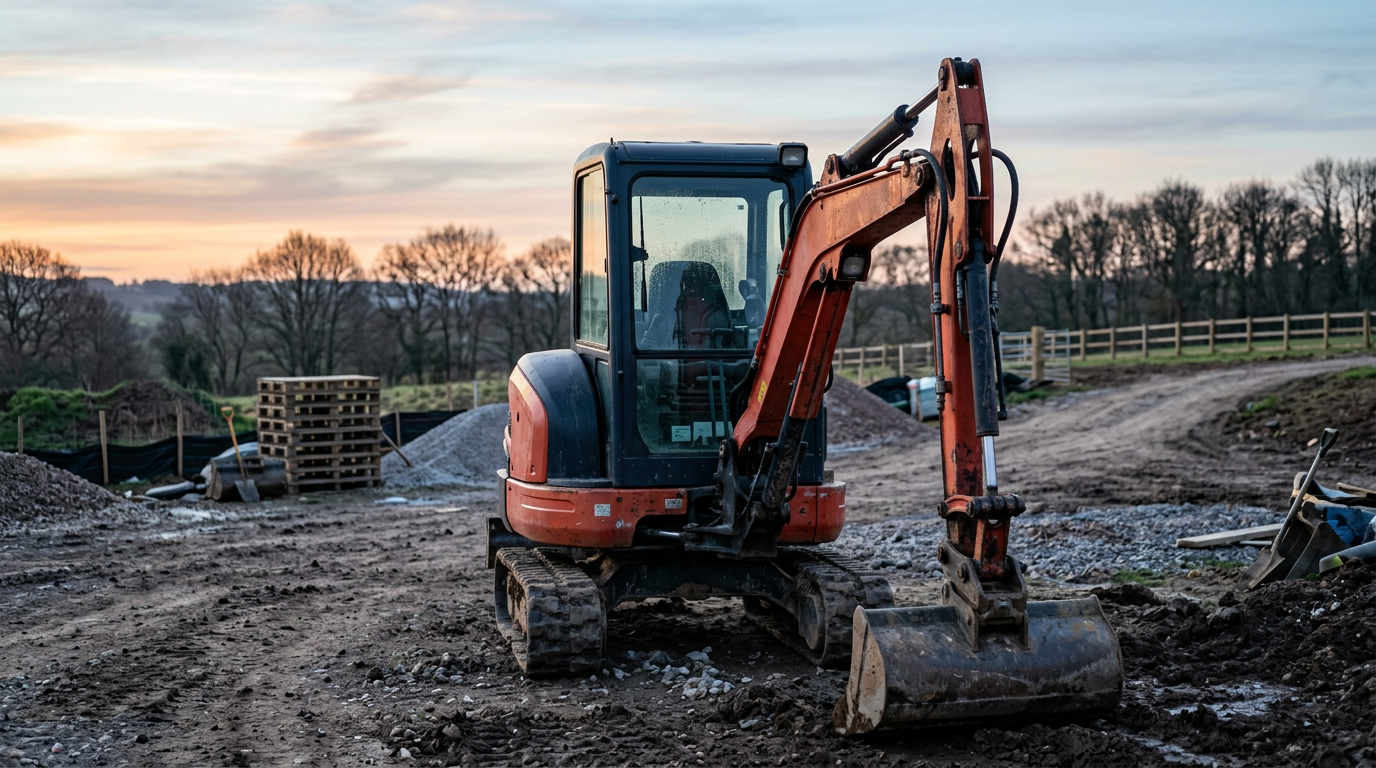 The cab and boom of a mini excavator on a job site at dawn
