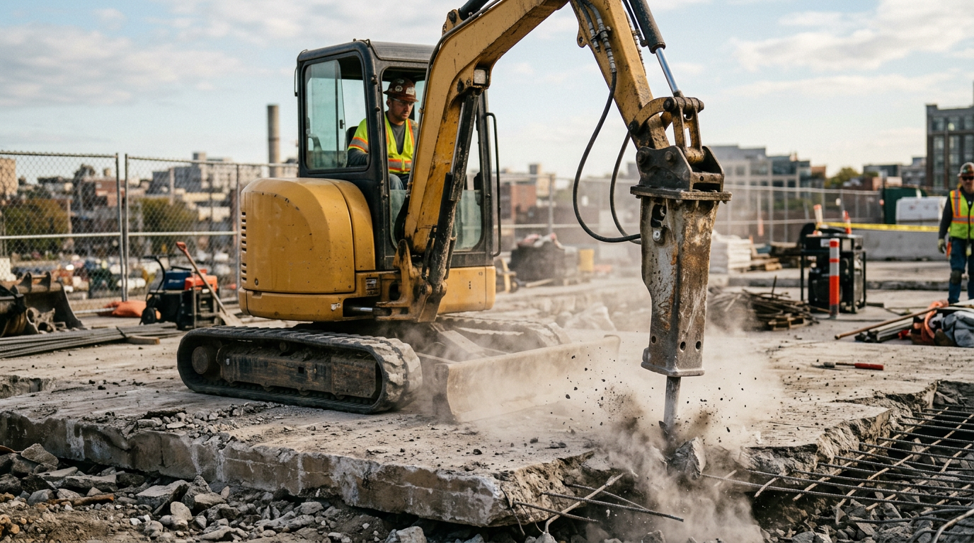 A mini excavator breaking a concrete slab with a hydraulic breaker