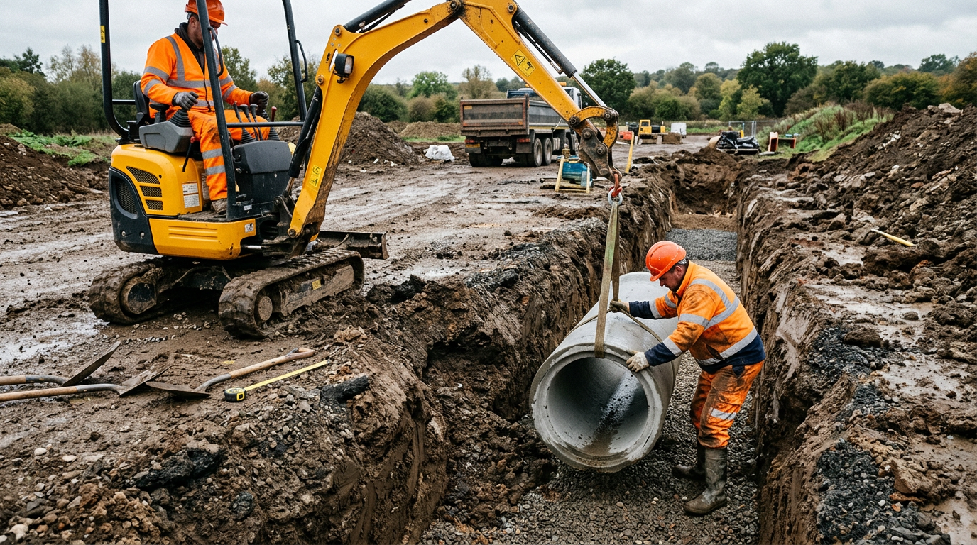 A mini excavator lowering a drainage pipe into a trench