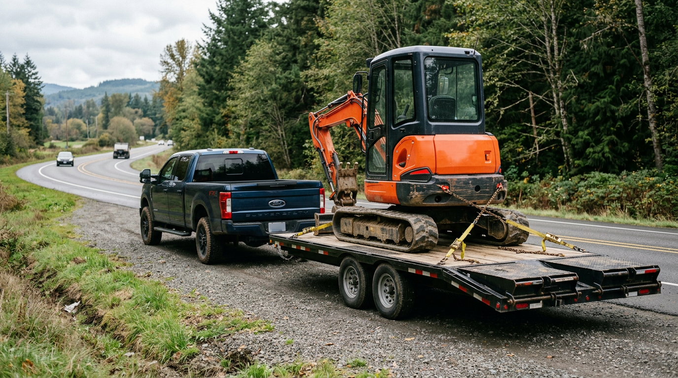 A mini excavator strapped to a flatbed trailer behind a pickup truck