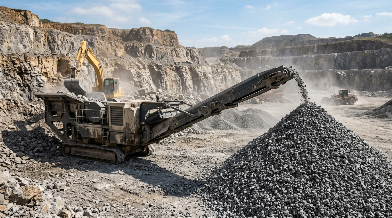 A tracked mobile jaw crusher conveying crushed stone onto a pile in a limestone quarry