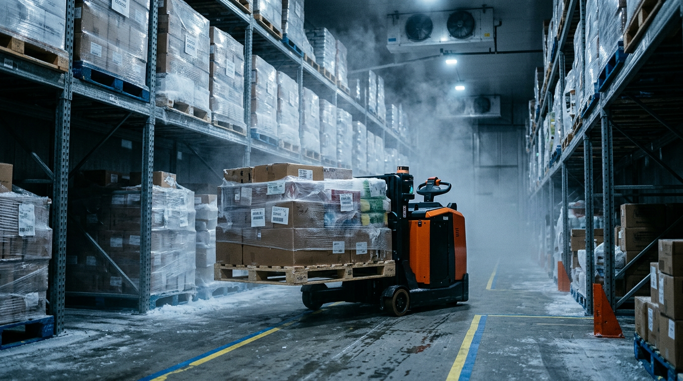 An autonomous pallet robot carrying a pallet through a cold storage aisle