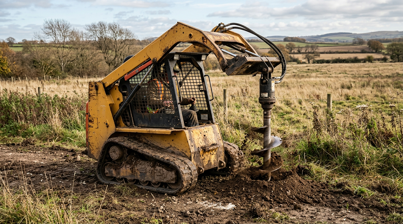 A skid steer loader drilling a post hole with an auger attachment