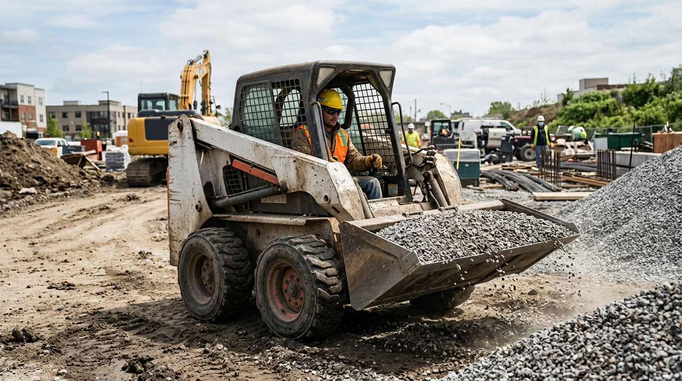 A wheeled skid steer loader moving gravel with its bucket