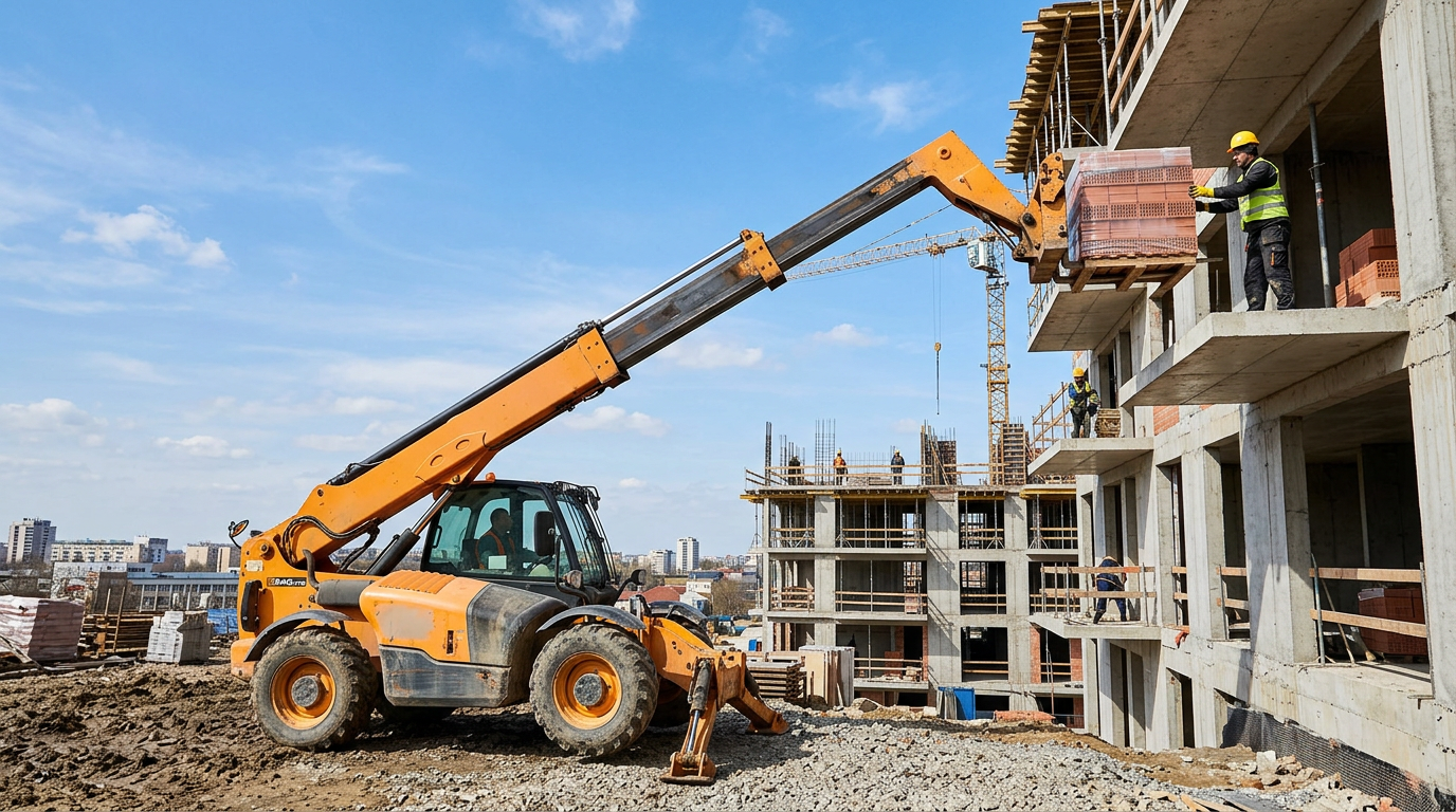 A telehandler extending its boom to place a pallet of bricks on an upper floor of a building