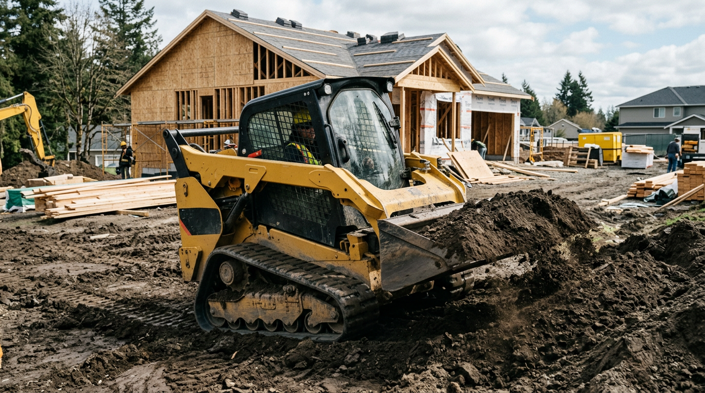 A compact track loader pushing soil on a building site