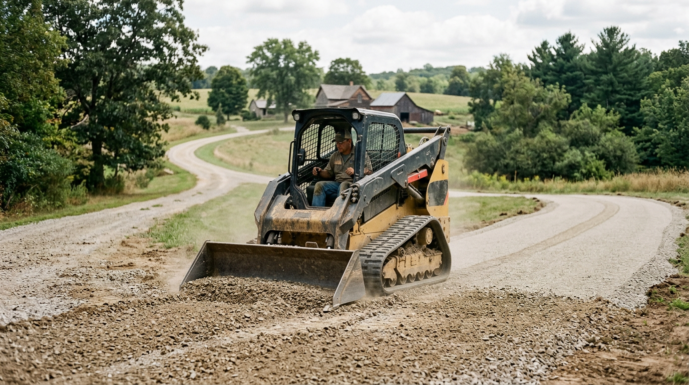 A compact track loader grading a gravel driveway