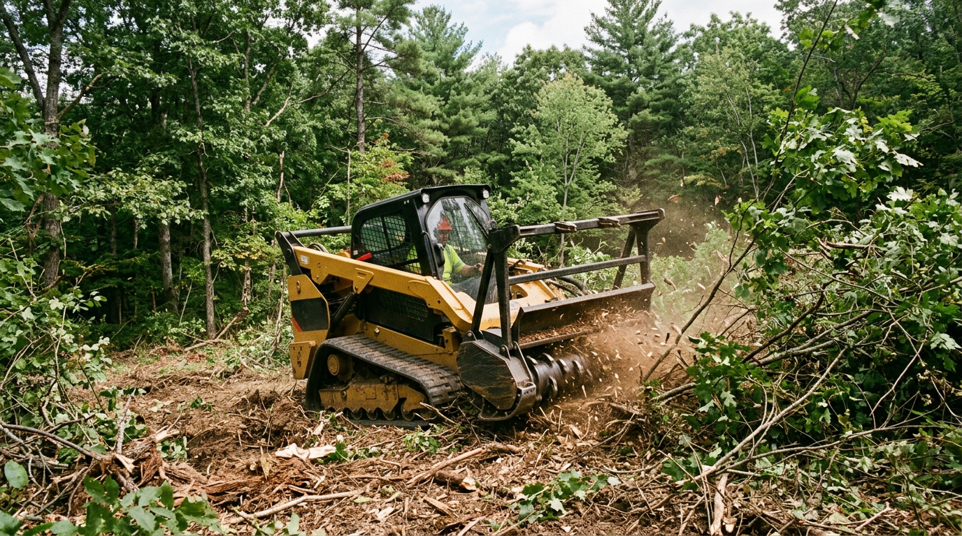A compact track loader with a forestry mulching head clearing brush