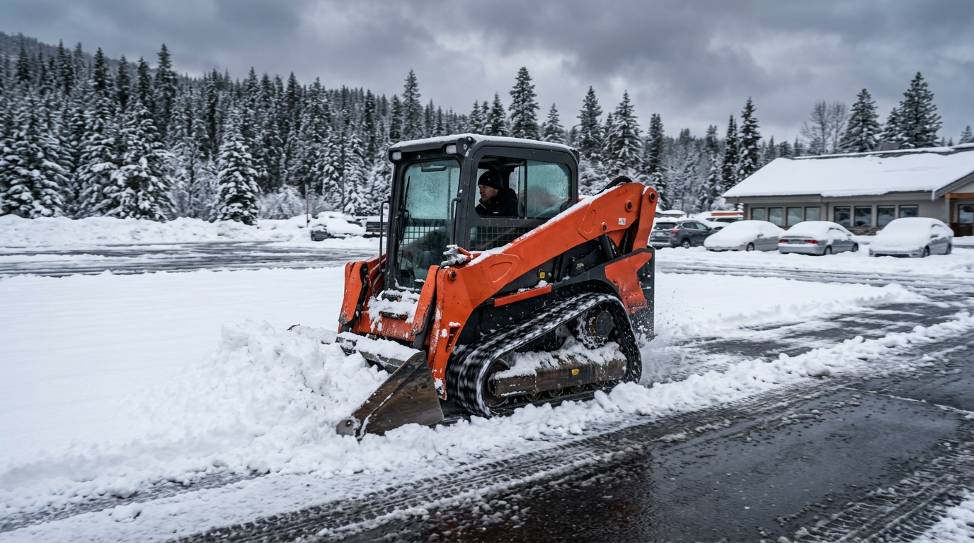 A compact track loader clearing snow from a parking lot