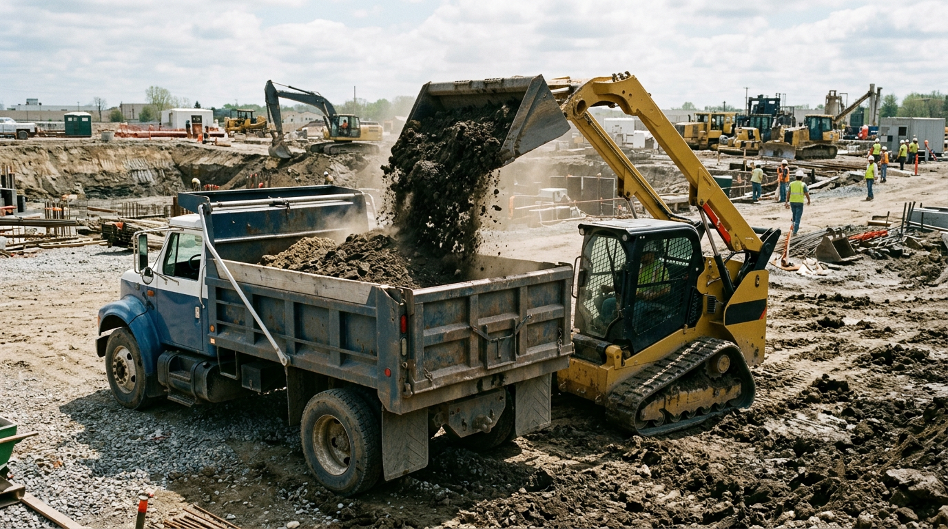 A compact track loader tipping soil into a dump truck
