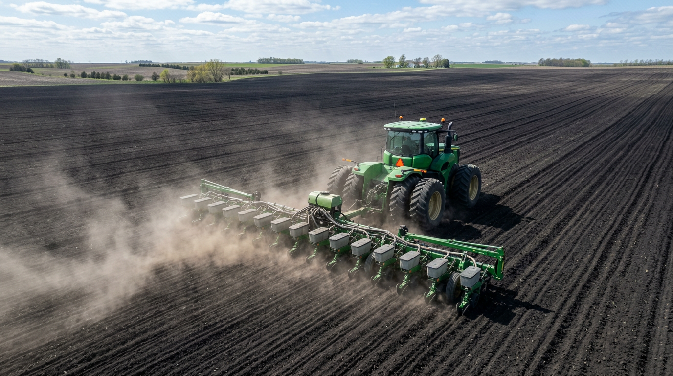 A high-horsepower tractor pulling a wide planter across a field