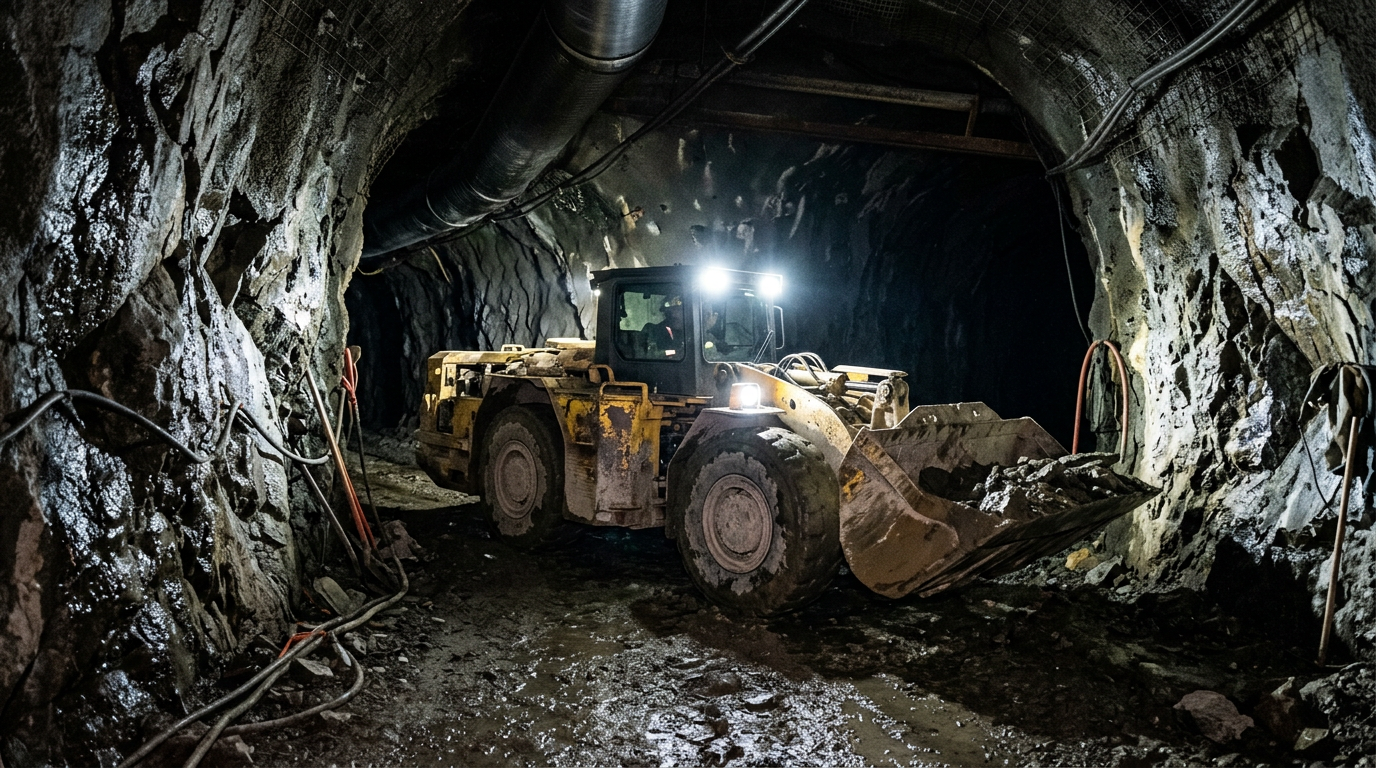 An underground mining loader in a rock tunnel lit by its headlights