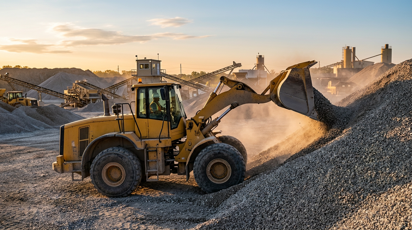 A yellow wheel loader filling its bucket from a gravel stockpile